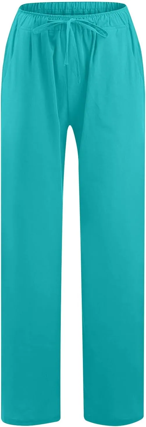 Women's Linen Palazzo Pants with Pockets, Summer Boho Wide Leg High Waist Pant 2025 Travel Baggy Pants