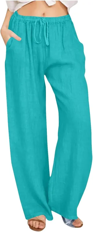 Women's Linen Palazzo Pants with Pockets, Summer Boho Wide Leg High Waist Pant 2025 Travel Baggy Pants