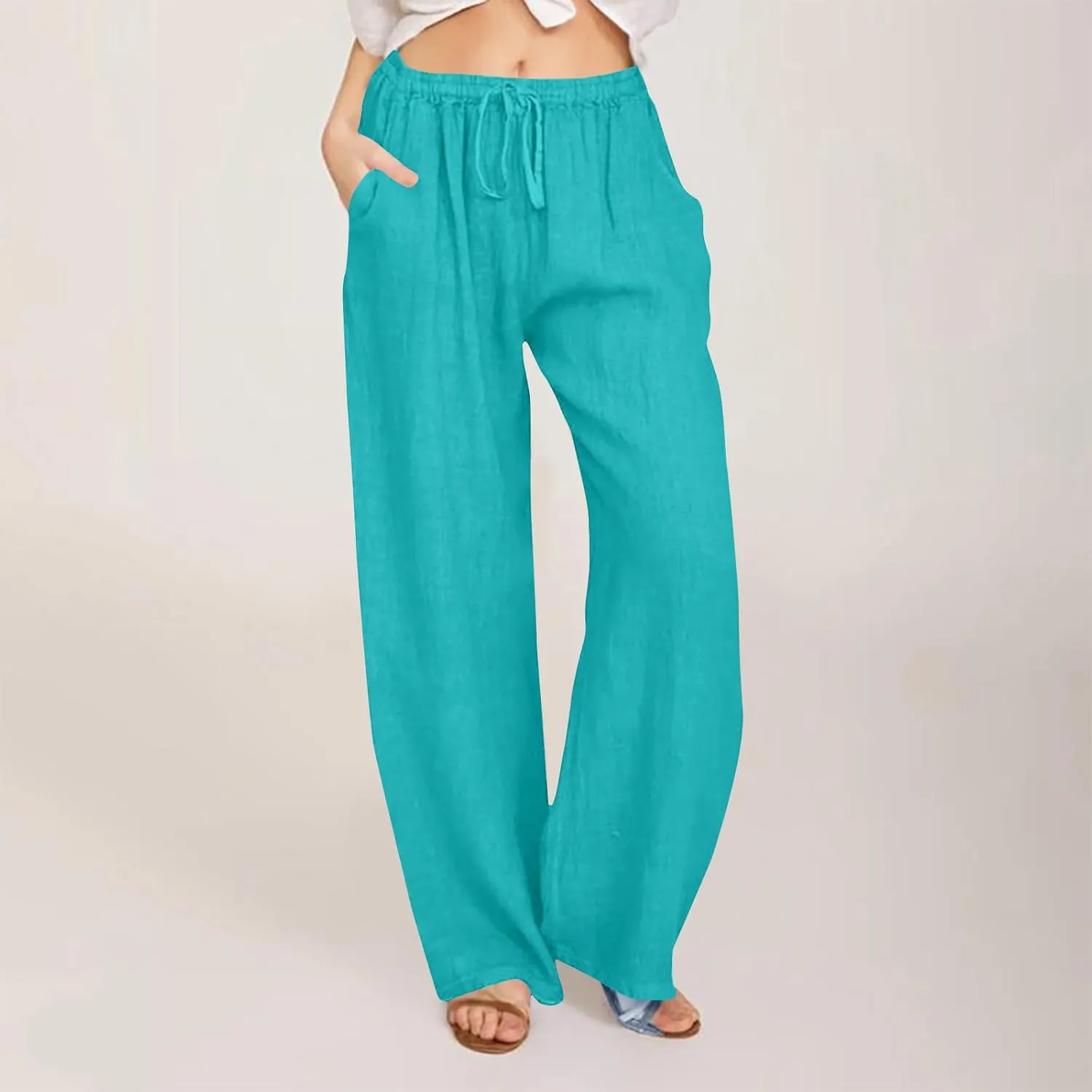 Women's Linen Palazzo Pants with Pockets, Summer Boho Wide Leg High Waist Pant 2025 Travel Baggy Pants