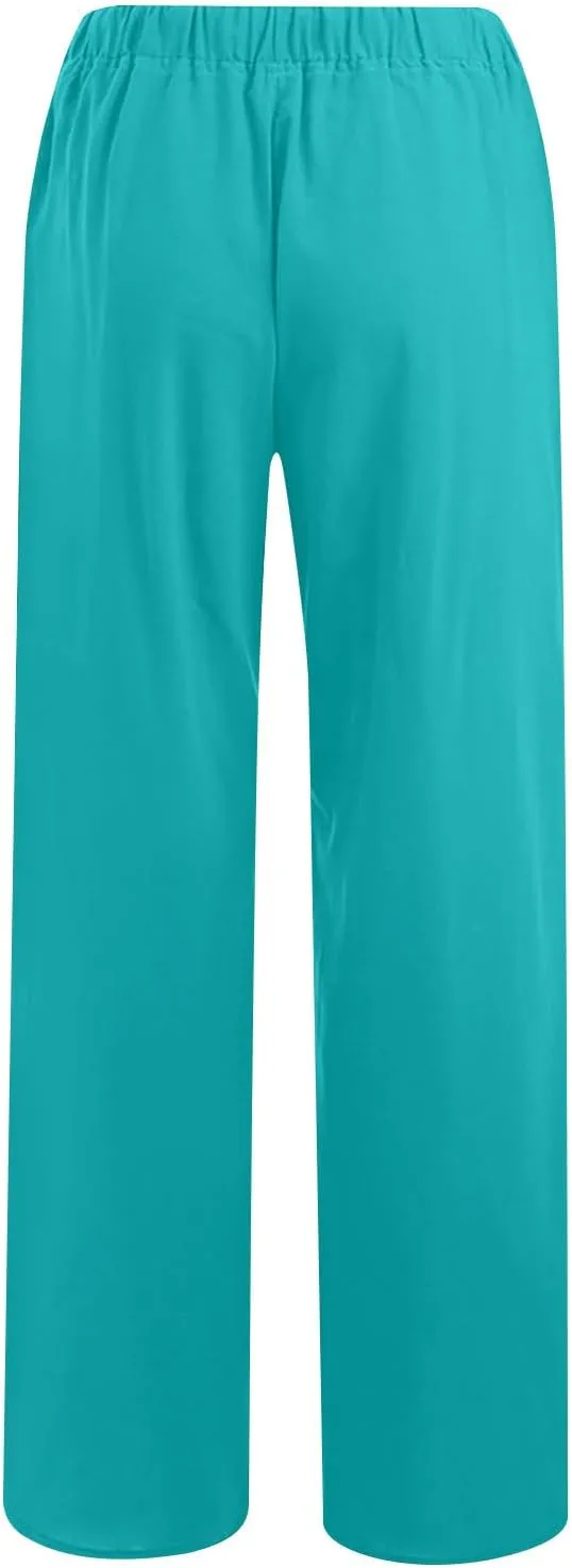 Women's Linen Palazzo Pants with Pockets, Summer Boho Wide Leg High Waist Pant 2025 Travel Baggy Pants