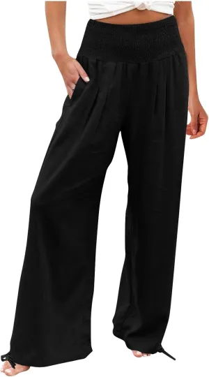 Womens Linen Pants 2025 Summer Casual Loose Wide Leg Palazzo Pants Smocked High Waist Flowy Beach Trousers