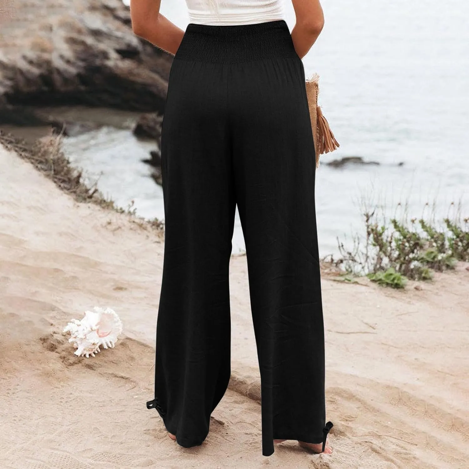 Womens Linen Pants 2025 Summer Casual Loose Wide Leg Palazzo Pants Smocked High Waist Flowy Beach Trousers