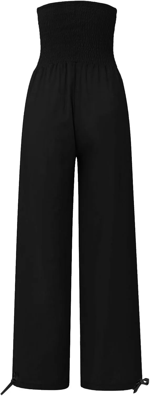 Womens Linen Pants 2025 Summer Casual Loose Wide Leg Palazzo Pants Smocked High Waist Flowy Beach Trousers