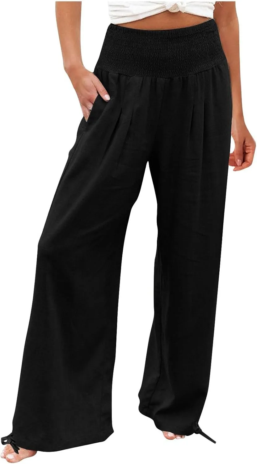 Womens Linen Pants 2025 Summer Casual Loose Wide Leg Palazzo Pants Smocked High Waist Flowy Beach Trousers