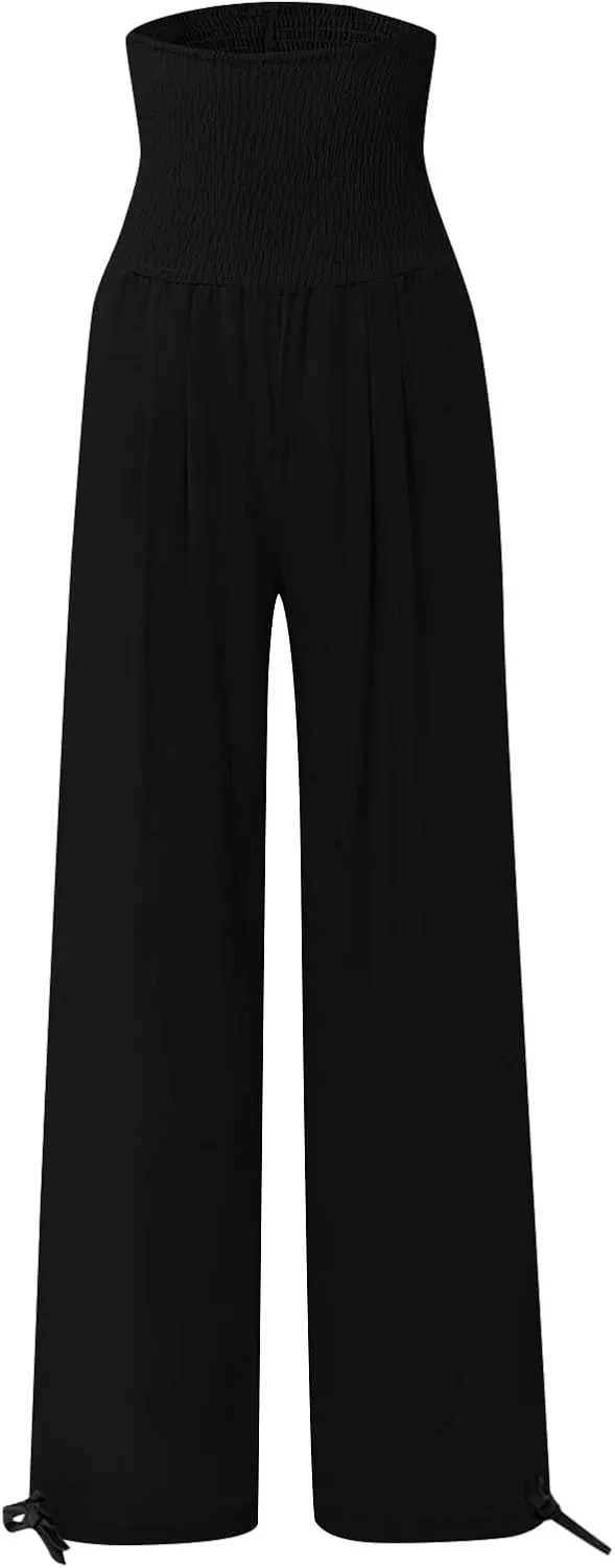 Womens Linen Pants 2025 Summer Casual Loose Wide Leg Palazzo Pants Smocked High Waist Flowy Beach Trousers
