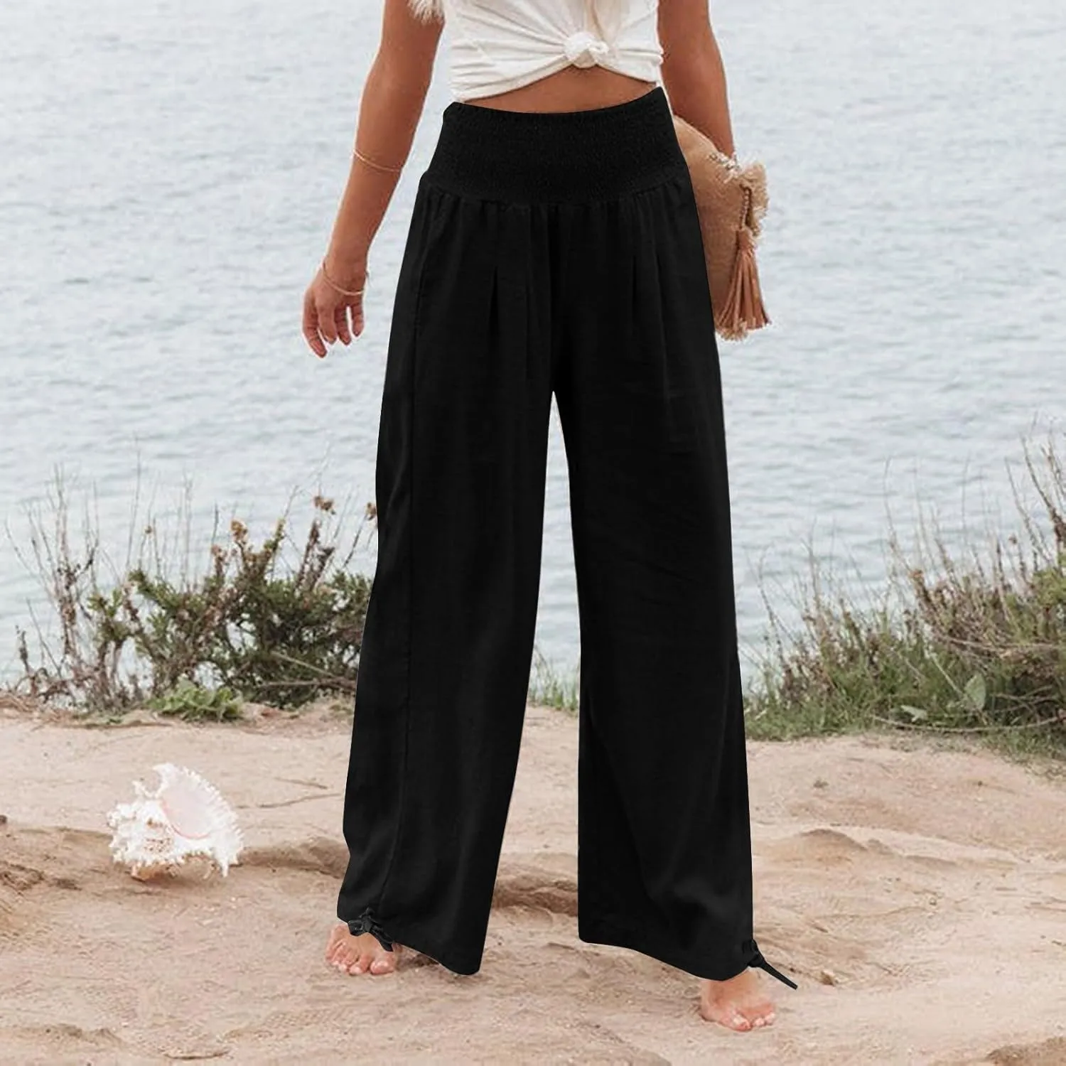 Womens Linen Pants 2025 Summer Casual Loose Wide Leg Palazzo Pants Smocked High Waist Flowy Beach Trousers