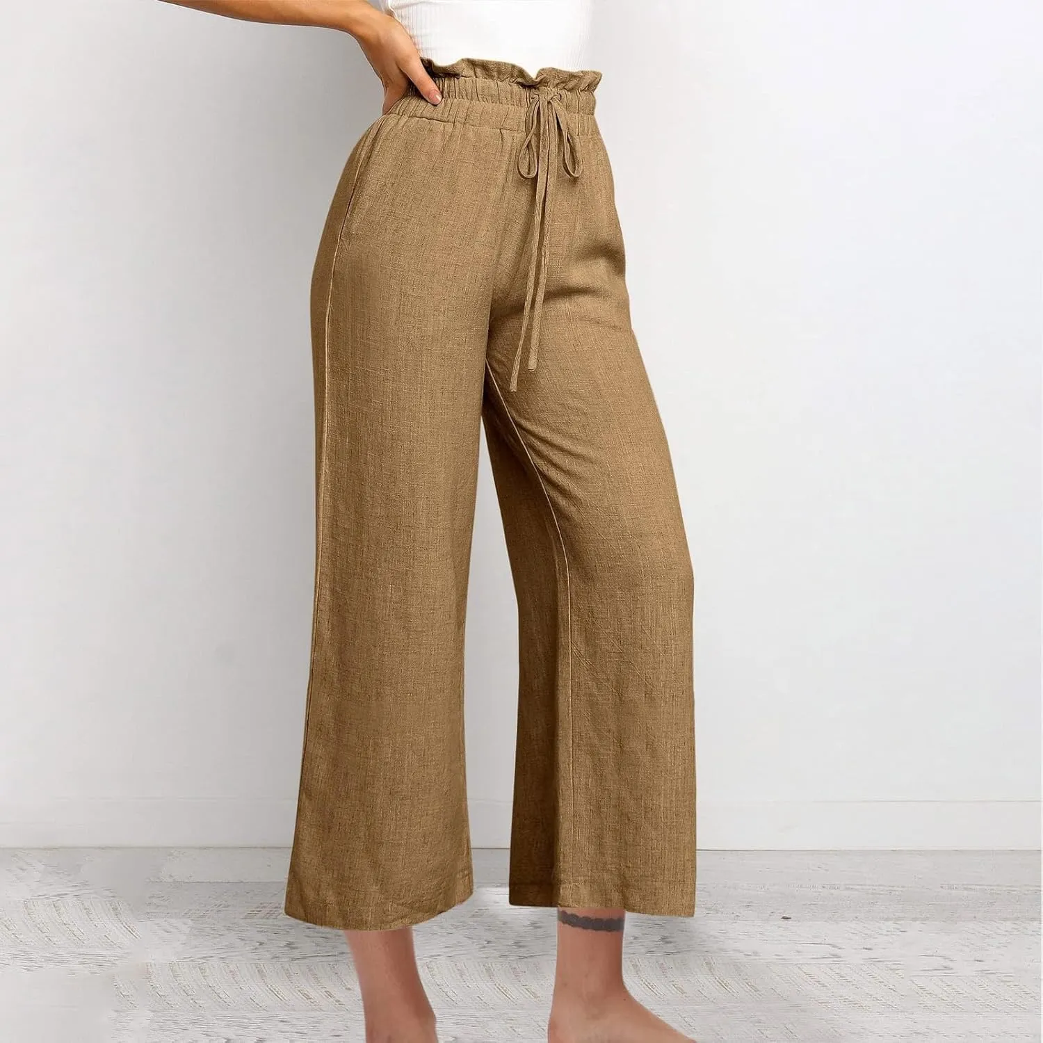 Womens Linen Pants 2025 Summer Casual Loose Wide Leg Pants Spring High Waist Solid Trousers Outfits with Pockets