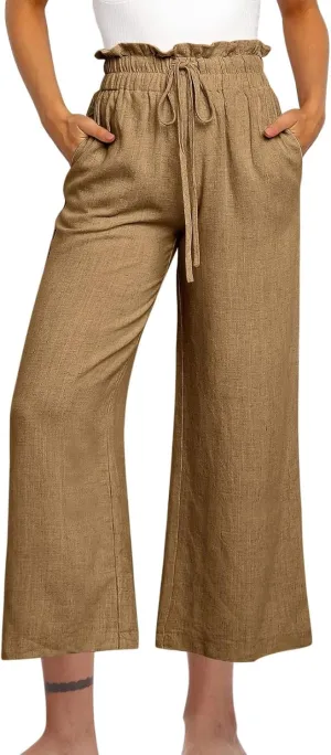 Womens Linen Pants 2025 Summer Casual Loose Wide Leg Pants Spring High Waist Solid Trousers Outfits with Pockets