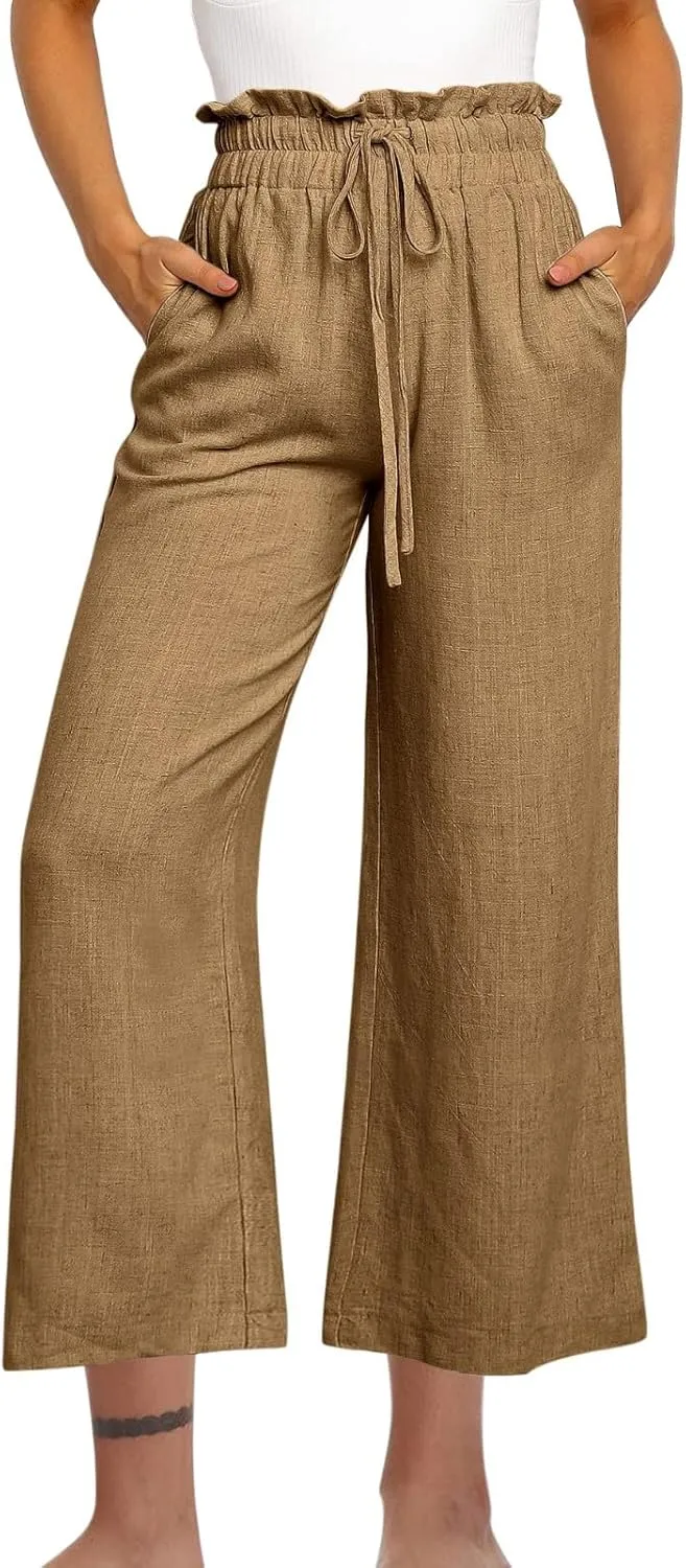 Womens Linen Pants 2025 Summer Casual Loose Wide Leg Pants Spring High Waist Solid Trousers Outfits with Pockets