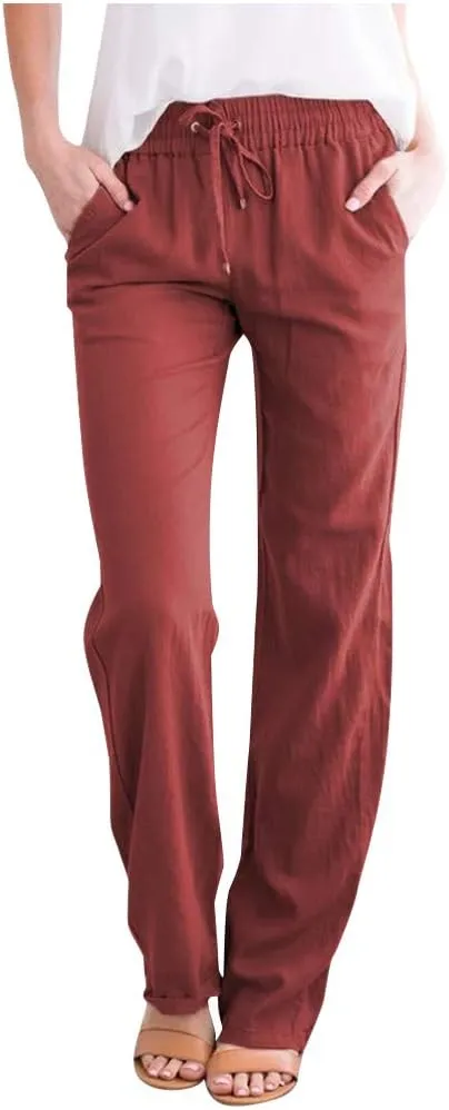 Womens Linen Pants Casual Straight Pants Drawstring Elastic Waist Long Pants Plus Size Comfy Summer Jogger Trousers