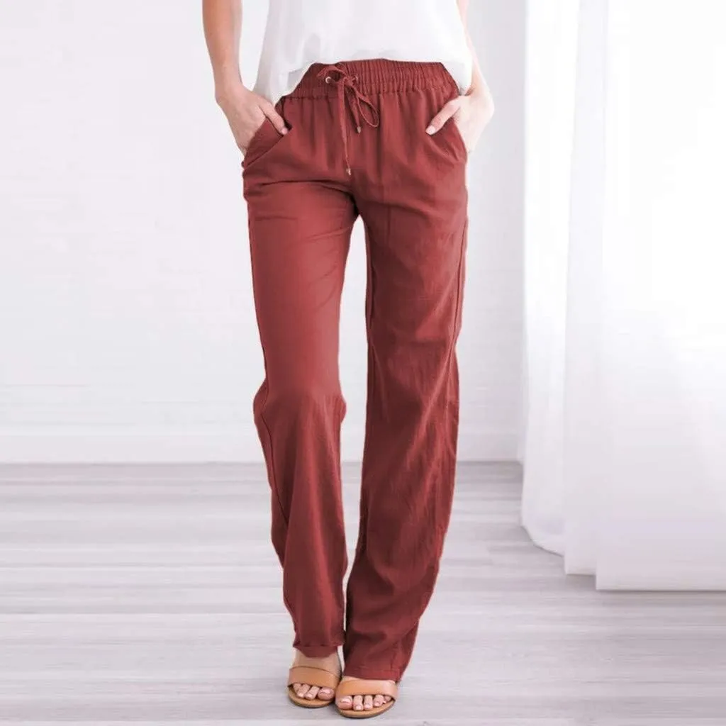 Womens Linen Pants Casual Straight Pants Drawstring Elastic Waist Long Pants Plus Size Comfy Summer Jogger Trousers