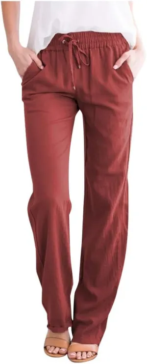 Womens Linen Pants Casual Straight Pants Drawstring Elastic Waist Long Pants Plus Size Comfy Summer Jogger Trousers