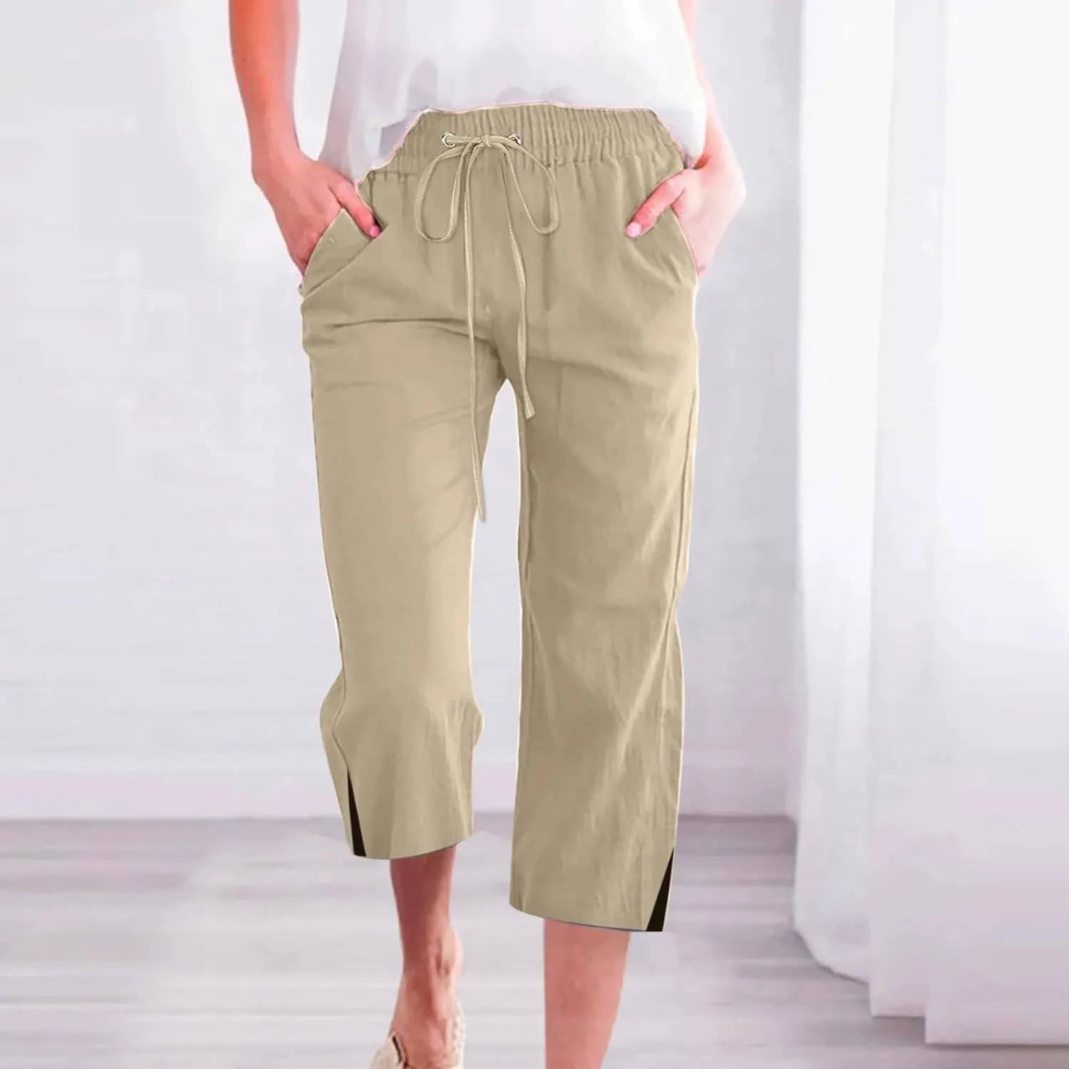 Womens Linen Pants Drawstring Loose Fit Stretchy Cropped Palazzo Pants Trousers Buttom Slit Summer Beach Travel Vacation