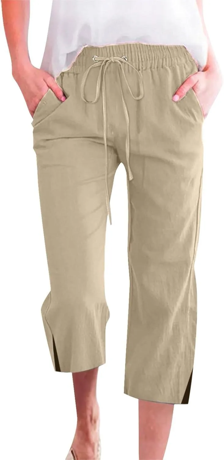 Womens Linen Pants Drawstring Loose Fit Stretchy Cropped Palazzo Pants Trousers Buttom Slit Summer Beach Travel Vacation