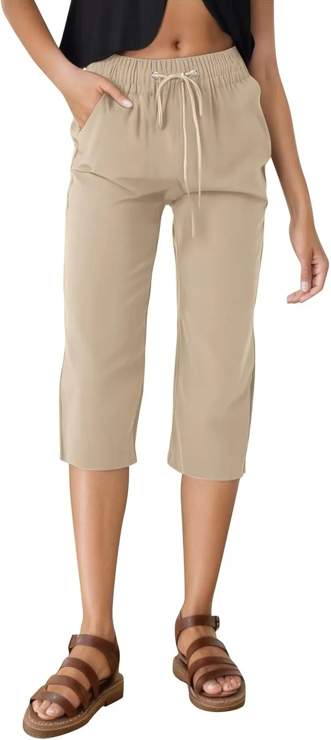 Womens Linen Pants Drawstring Loose Fit Stretchy Cropped Palazzo Pants Trousers Buttom Slit Summer Beach Travel Vacation