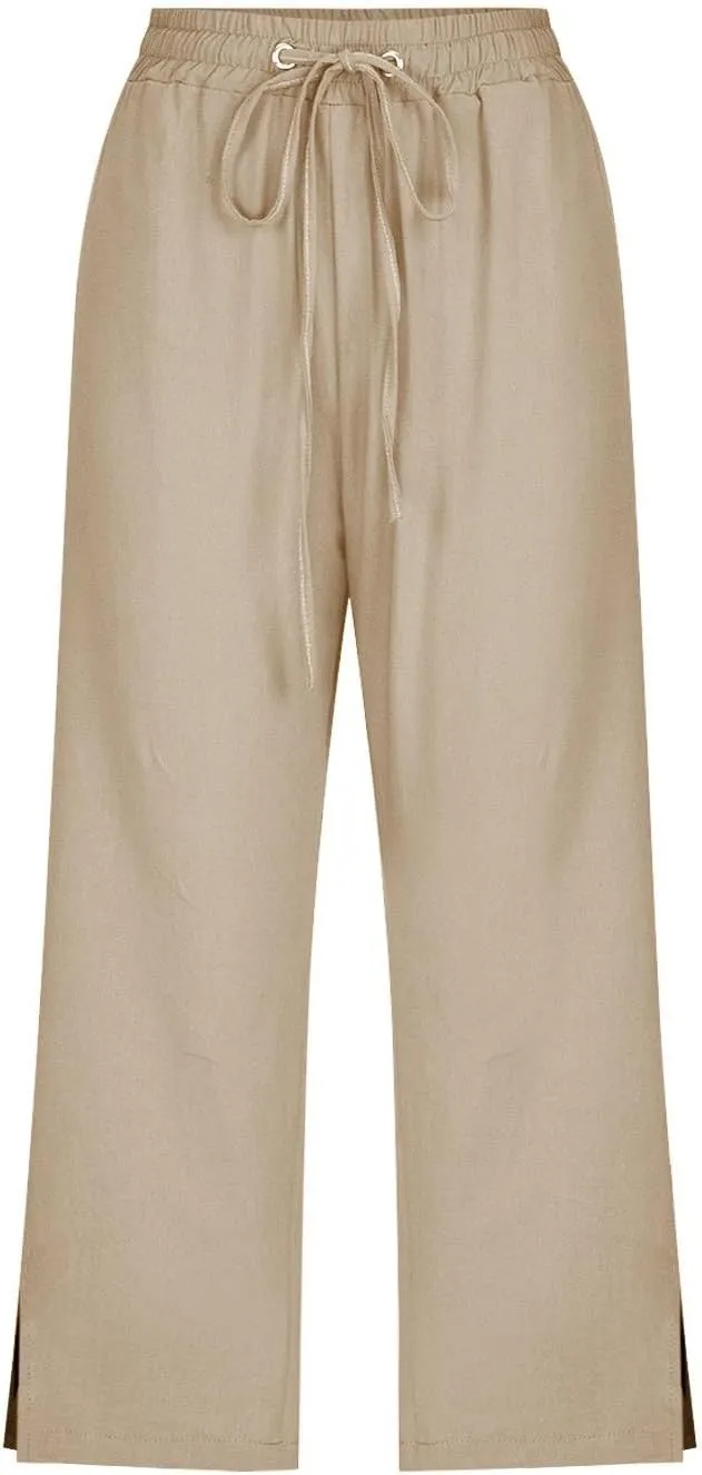 Womens Linen Pants Drawstring Loose Fit Stretchy Cropped Palazzo Pants Trousers Buttom Slit Summer Beach Travel Vacation