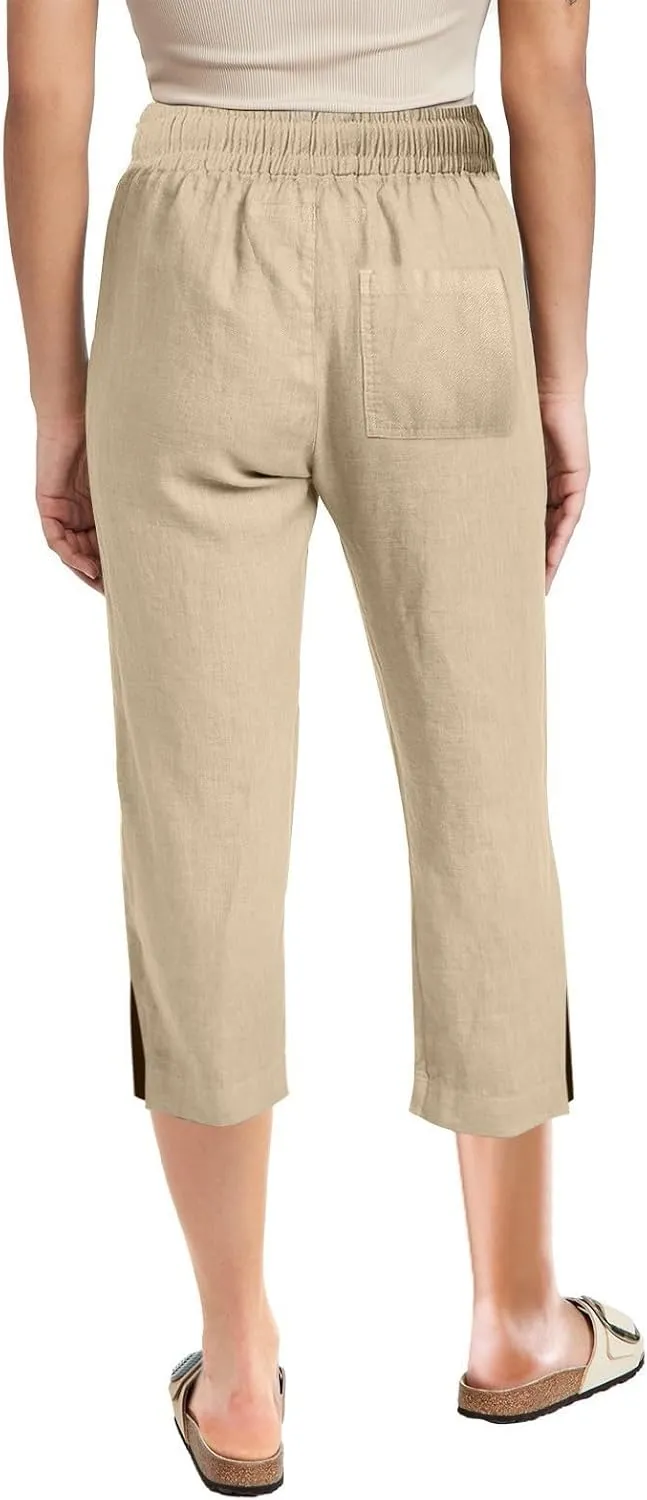 Womens Linen Pants Drawstring Loose Fit Stretchy Cropped Palazzo Pants Trousers Buttom Slit Summer Beach Travel Vacation