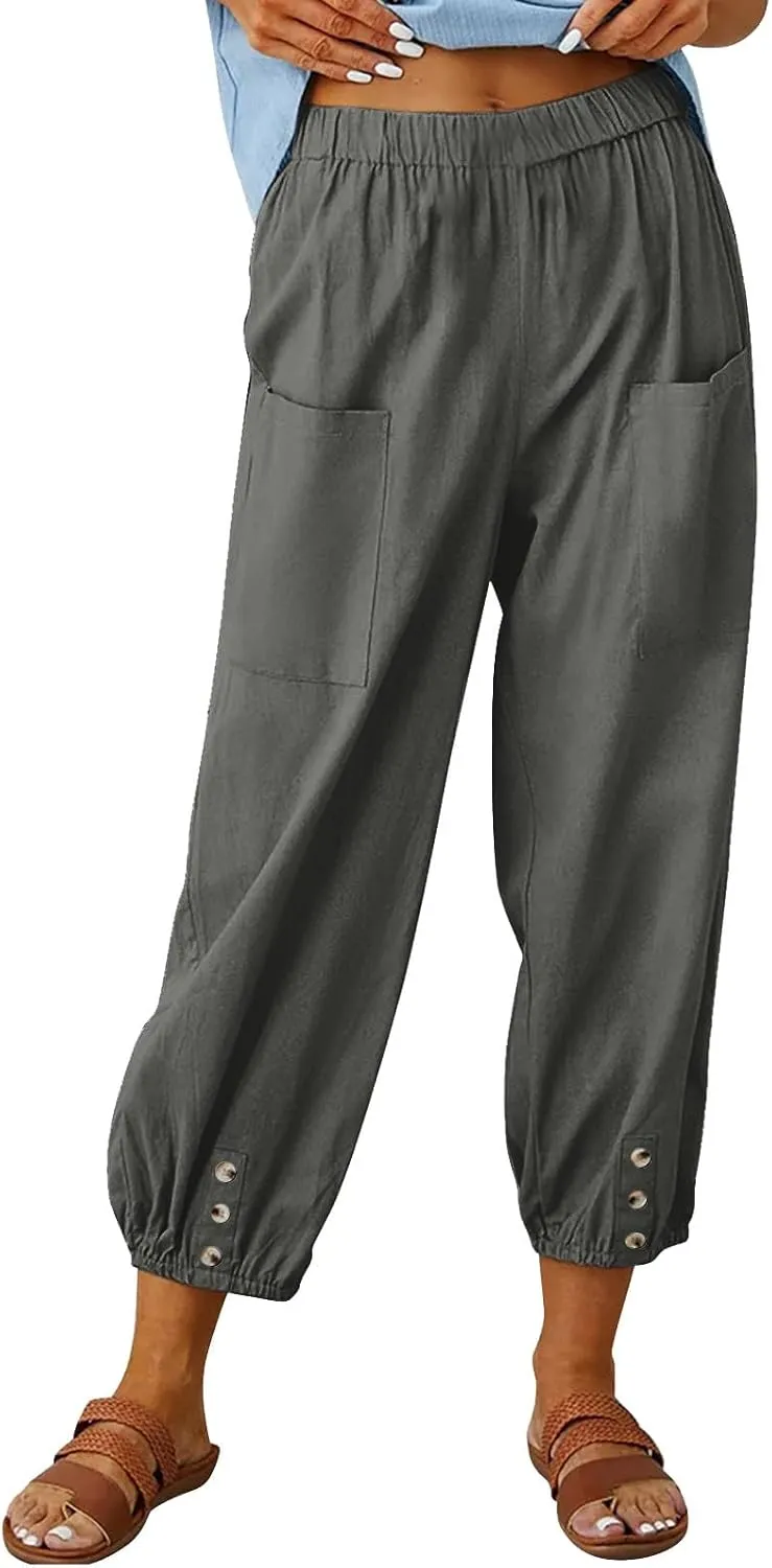 Womens Linen Pants Summer Casual Capri Pants with Pockets Cropped Comfort High Waisted Pockets Trousers Pants