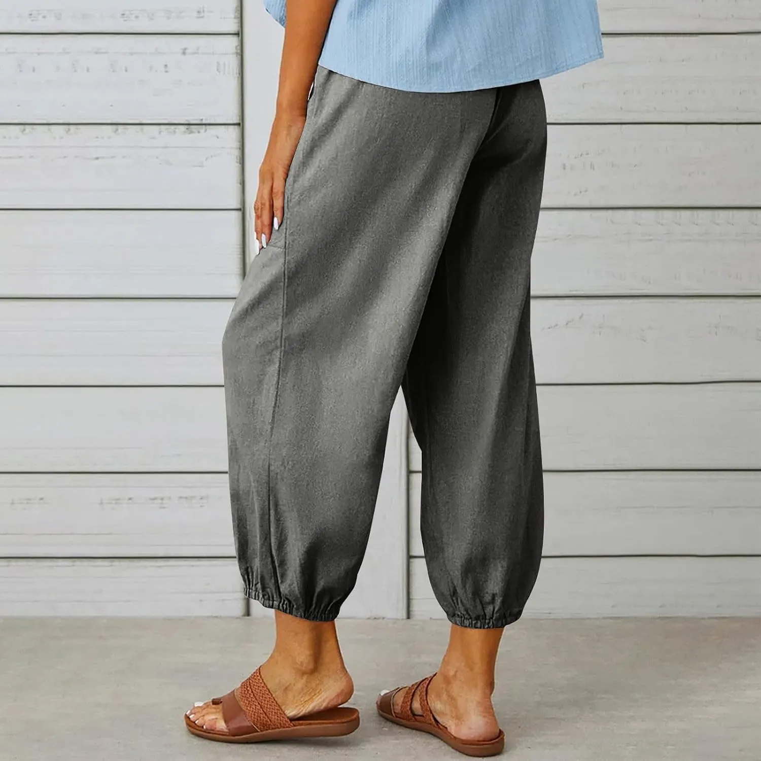 Womens Linen Pants Summer Casual Capri Pants with Pockets Cropped Comfort High Waisted Pockets Trousers Pants