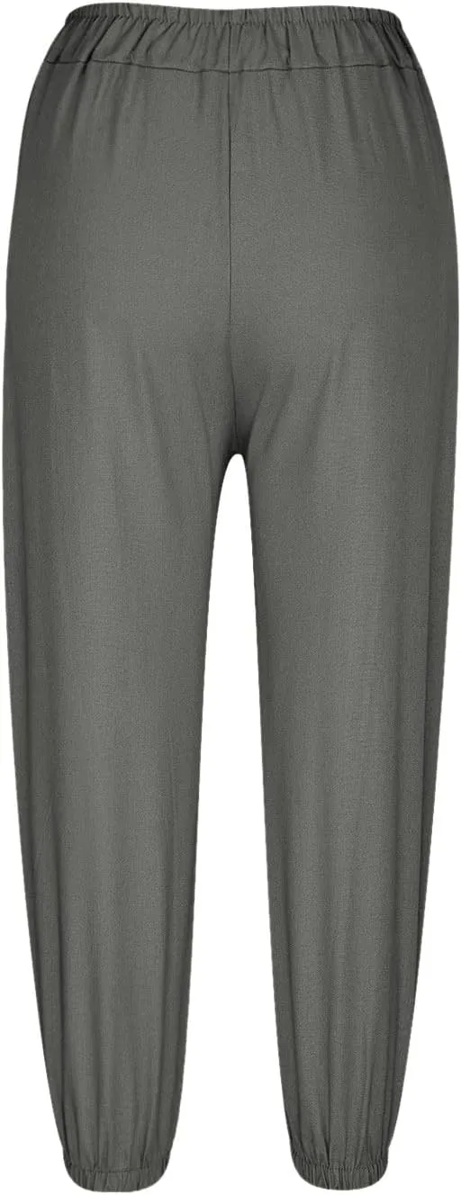 Womens Linen Pants Summer Casual Capri Pants with Pockets Cropped Comfort High Waisted Pockets Trousers Pants