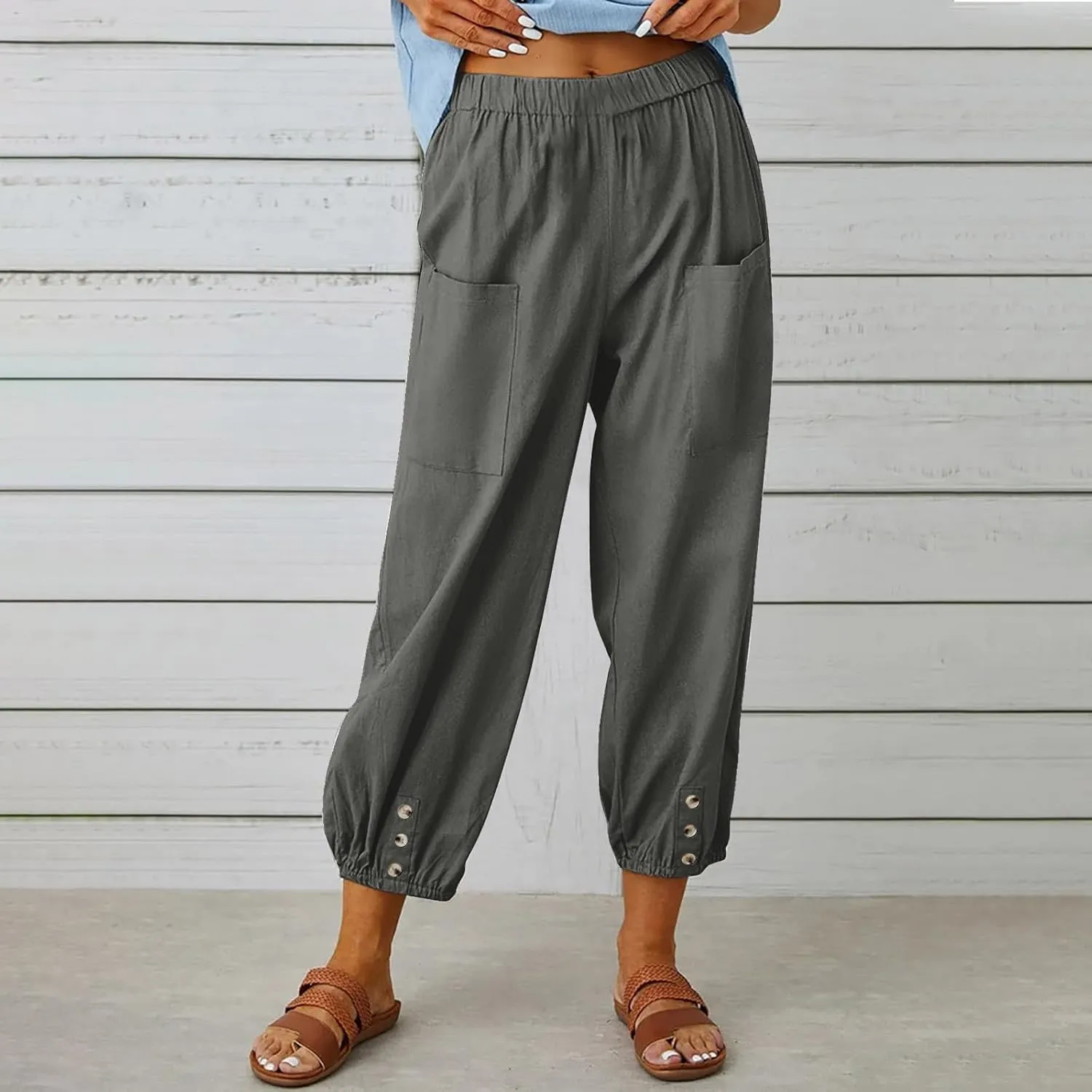 Womens Linen Pants Summer Casual Capri Pants with Pockets Cropped Comfort High Waisted Pockets Trousers Pants