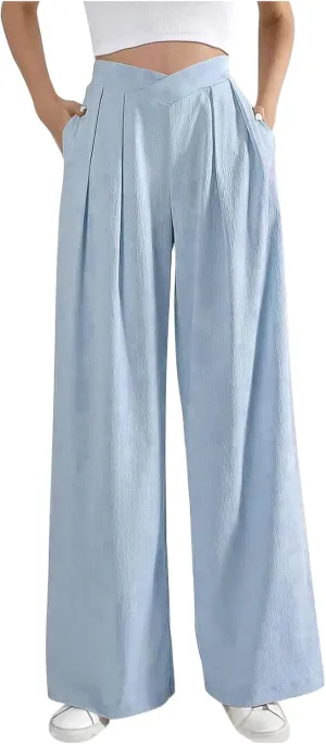Womens Linen Pants Summer Casual Wide Leg Palazzo Pants Loose Fit Pleated High Waist Work Slack Flowy Beach Trousers