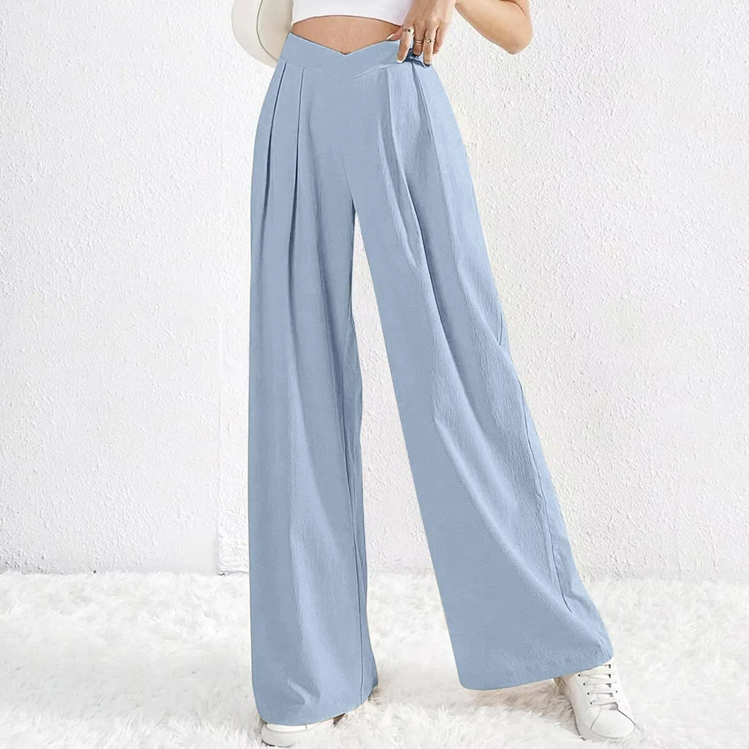 Womens Linen Pants Summer Casual Wide Leg Palazzo Pants Loose Fit Pleated High Waist Work Slack Flowy Beach Trousers