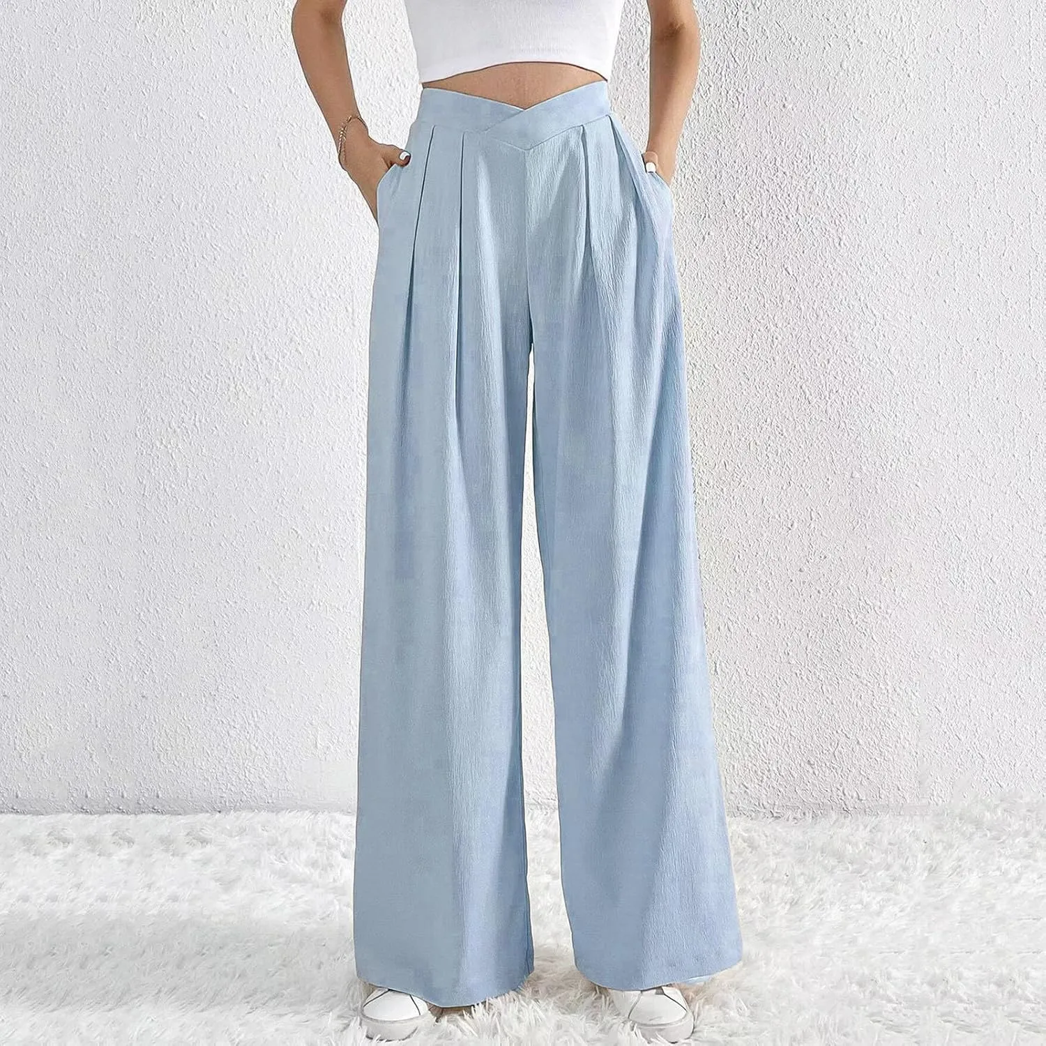 Womens Linen Pants Summer Casual Wide Leg Palazzo Pants Loose Fit Pleated High Waist Work Slack Flowy Beach Trousers