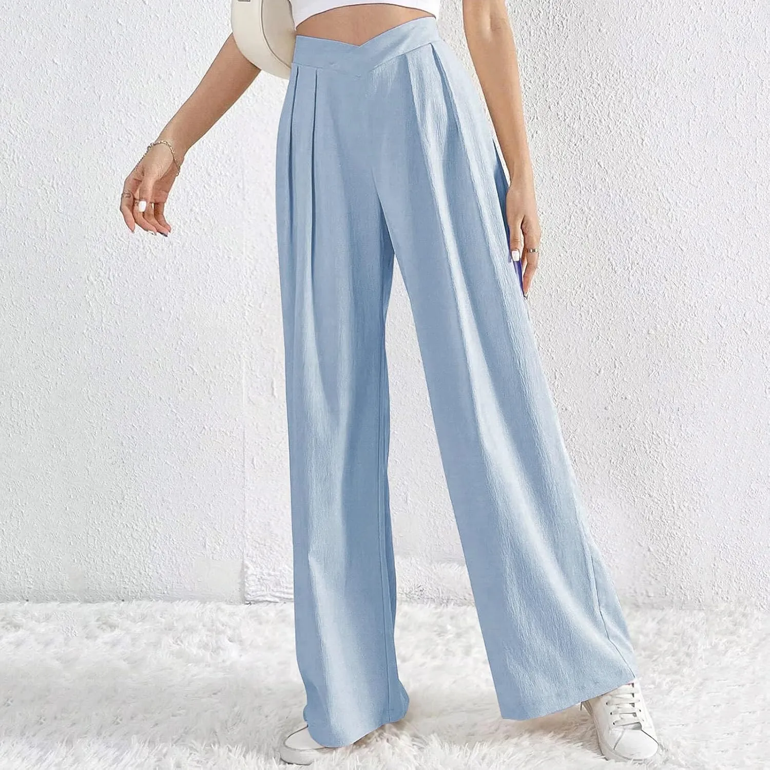 Womens Linen Pants Summer Casual Wide Leg Palazzo Pants Loose Fit Pleated High Waist Work Slack Flowy Beach Trousers