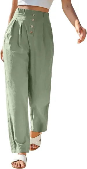 Womens Linen Pants Summer High Waisted Work Pants Trousers Lightweight Paperbag Elastic Waist Pants with Pockets