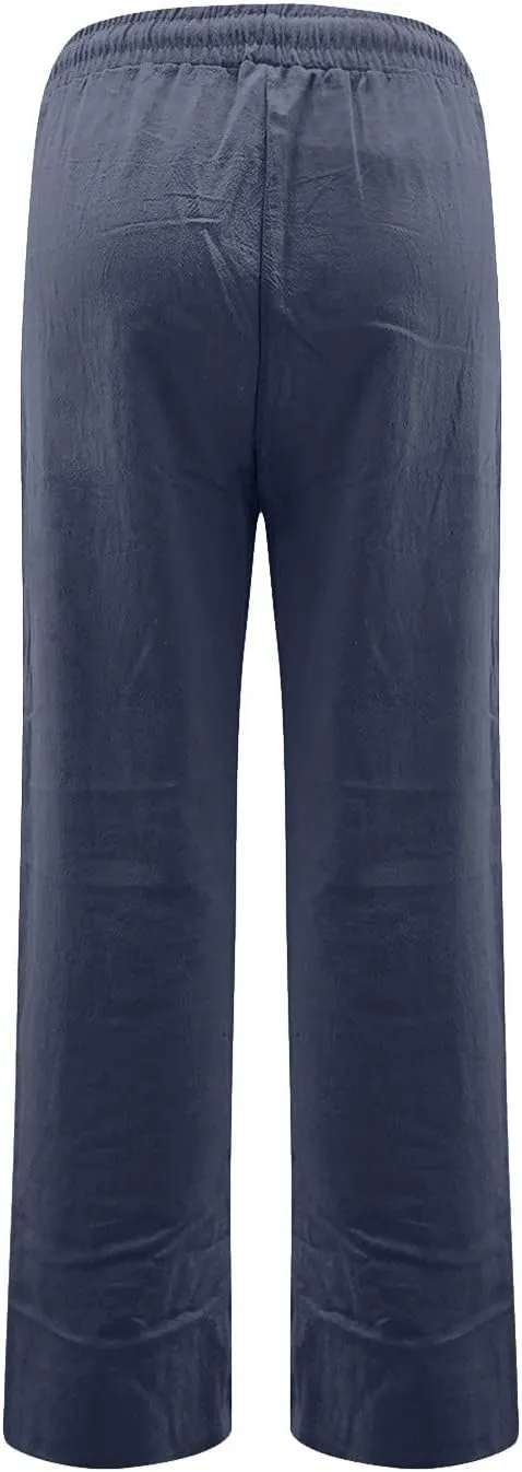 Women's Linen Pants Summer Loose Fit Straight Leg Lounge Pants with Pockets Drawstring Elastic Waist Trousers Pants