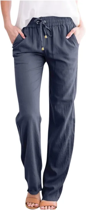 Women's Linen Pants Summer Loose Fit Straight Leg Lounge Pants with Pockets Drawstring Elastic Waist Trousers Pants