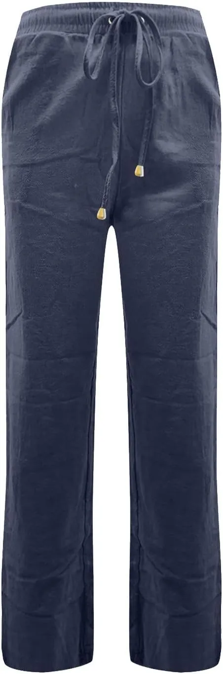 Women's Linen Pants Summer Loose Fit Straight Leg Lounge Pants with Pockets Drawstring Elastic Waist Trousers Pants