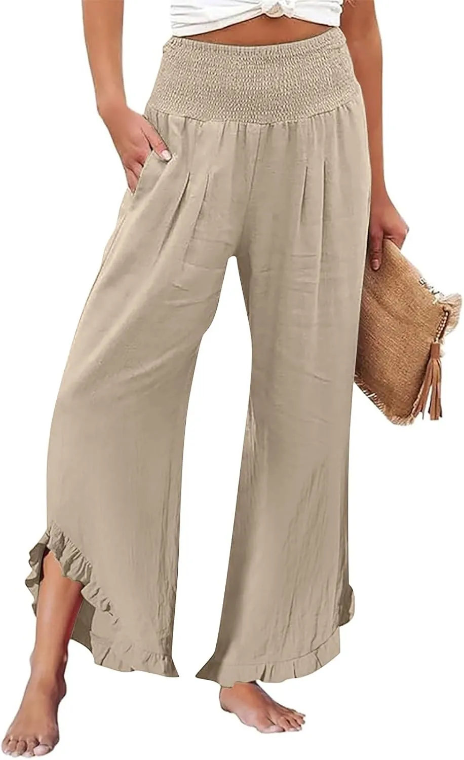 Women's Linen Pants Summer Wide Leg Smocked Waist Ruffle Hem Palazzo Pants Boho Flowy Beach Pants with Pockets