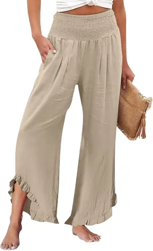 Women's Linen Pants Summer Wide Leg Smocked Waist Ruffle Hem Palazzo Pants Boho Flowy Beach Pants with Pockets