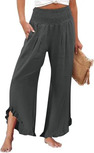 Women's Linen Pants Summer Wide Leg Smocked Waist Ruffle Hem Palazzo Pants Boho Flowy Beach Pants with Pockets