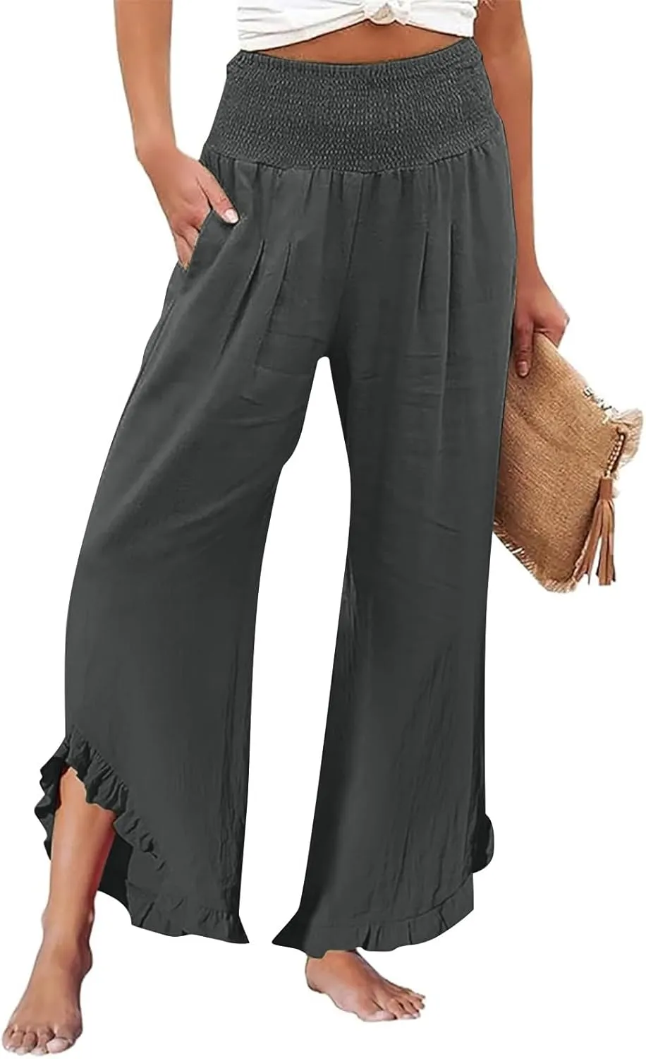 Women's Linen Pants Summer Wide Leg Smocked Waist Ruffle Hem Palazzo Pants Boho Flowy Beach Pants with Pockets