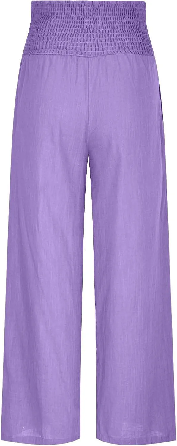 Womens Linen Pants Wide Leg Casual High Waist Solid Color Sports Pants Cotton Linen Summer Trousers with Pockets