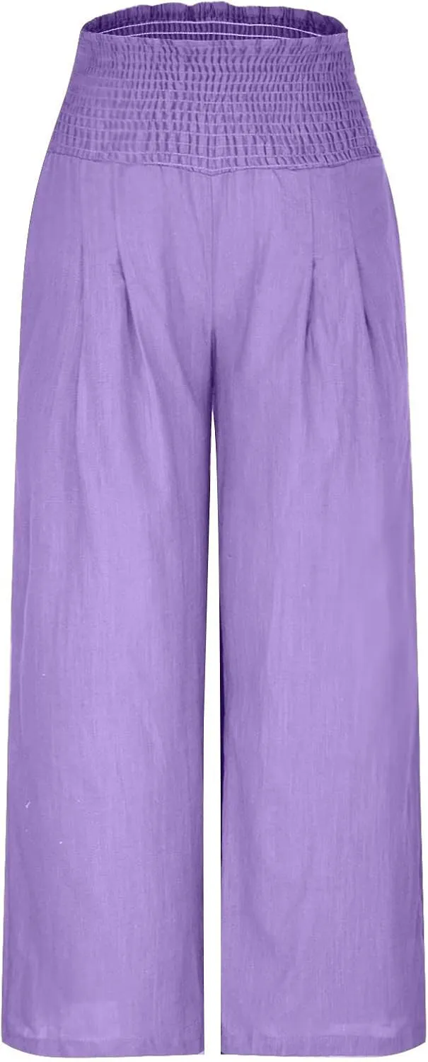 Womens Linen Pants Wide Leg Casual High Waist Solid Color Sports Pants Cotton Linen Summer Trousers with Pockets