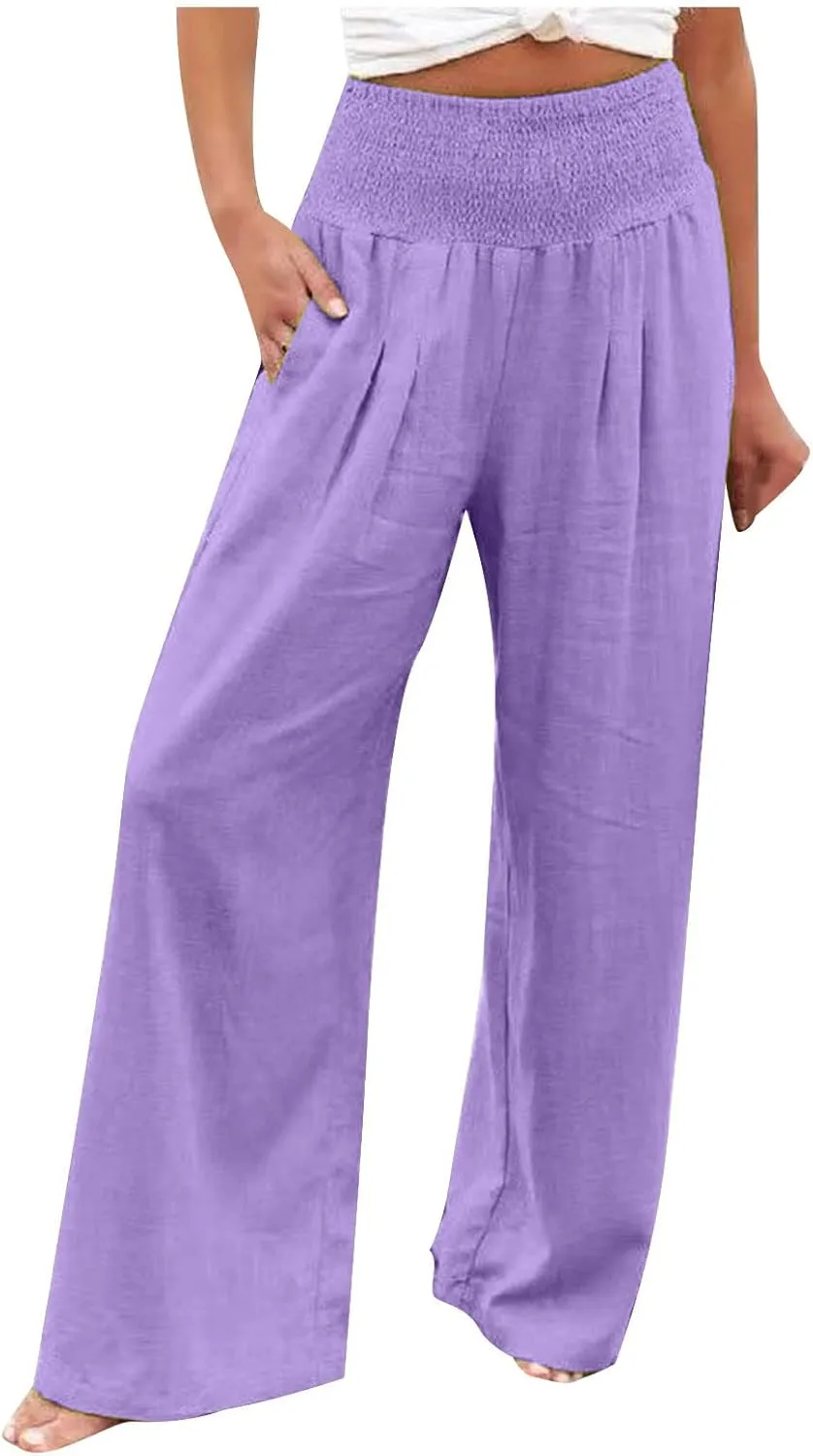 Womens Linen Pants Wide Leg Casual High Waist Solid Color Sports Pants Cotton Linen Summer Trousers with Pockets