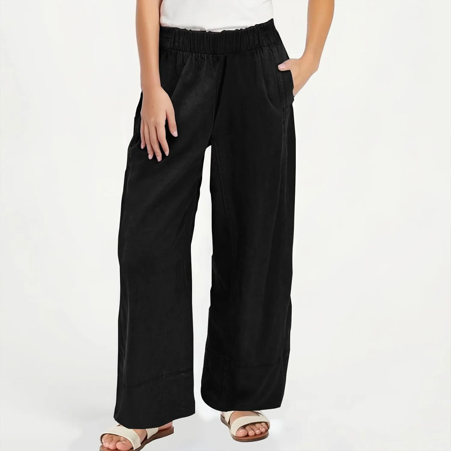 Womens Linen Pants with Pocket Summer High Waist Casual Wide Leg Pants Plus Size Trendy Flowy Palazzo Trousers