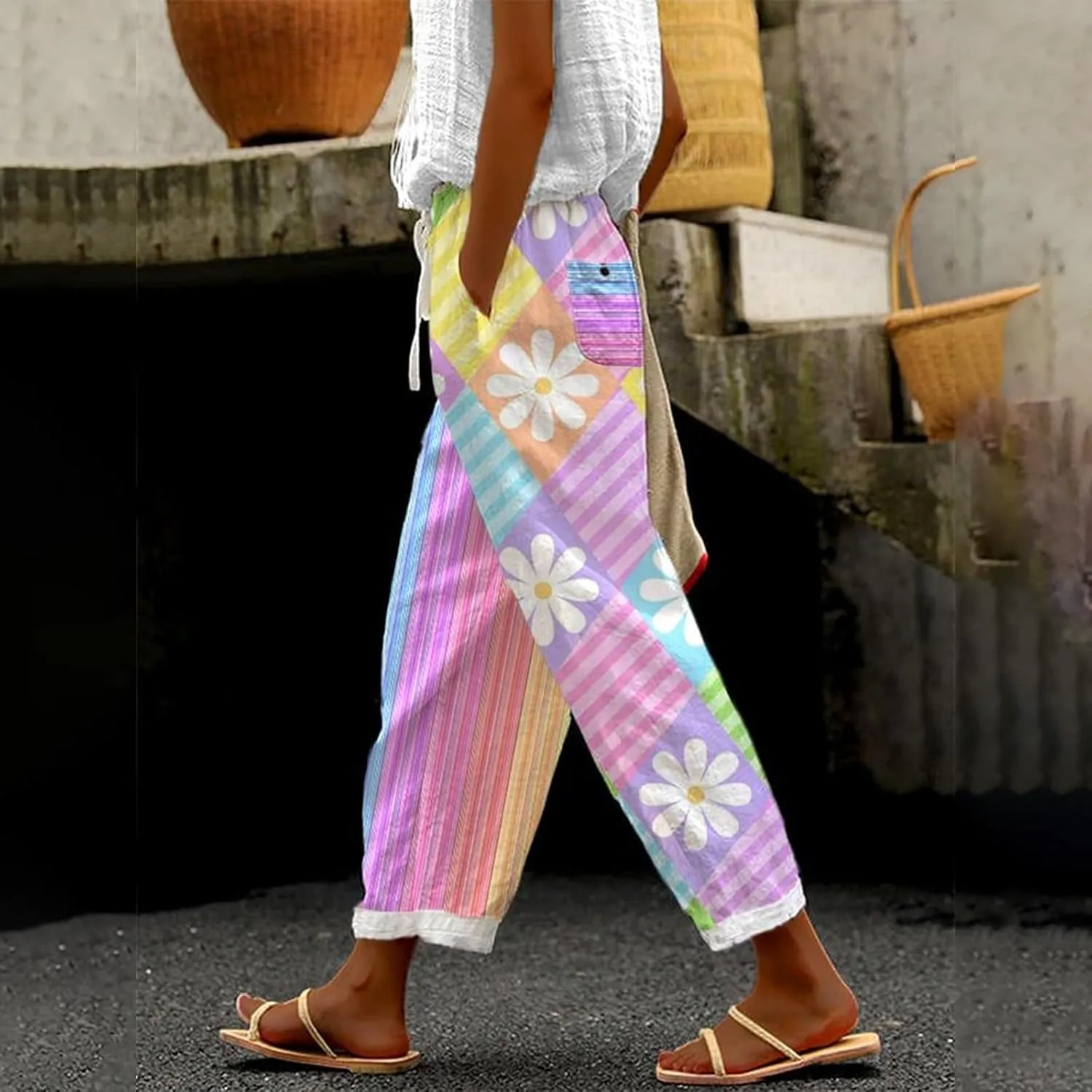 Womens Linen Pants Women 2025 Summer Elastic High Waist Split Hem Work Pants Lightweight Vacation Beach Trousers with Pockets