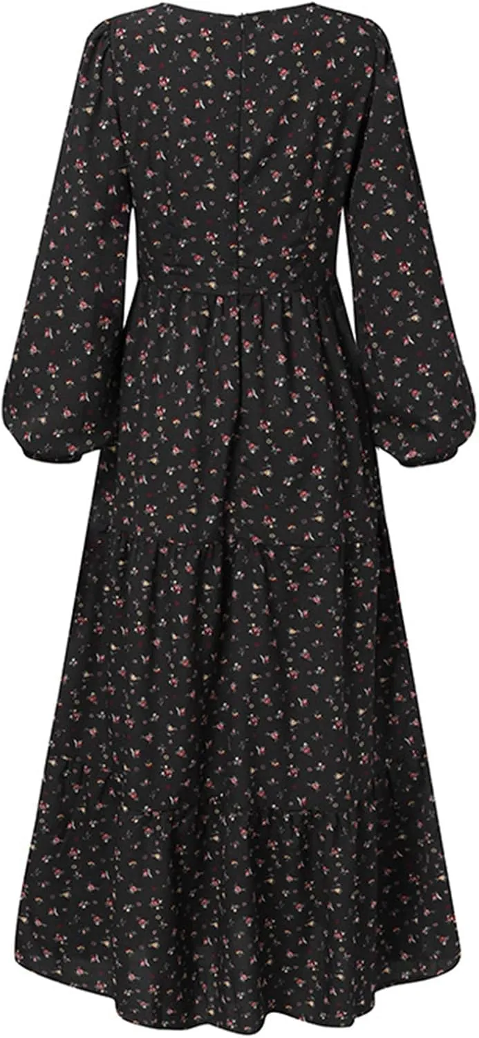 Womens Long Sleeve Boho Dresses V Neck Ditsy Floral Print Ruffle Tiered Maxi Dress Tie Waist Chiffon Flowy Swing Dress