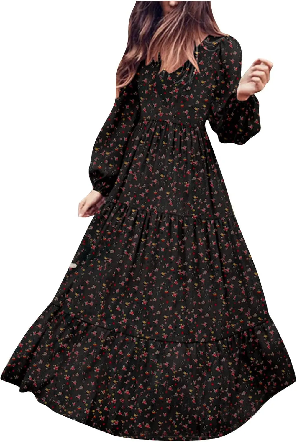 Womens Long Sleeve Boho Dresses V Neck Ditsy Floral Print Ruffle Tiered Maxi Dress Tie Waist Chiffon Flowy Swing Dress
