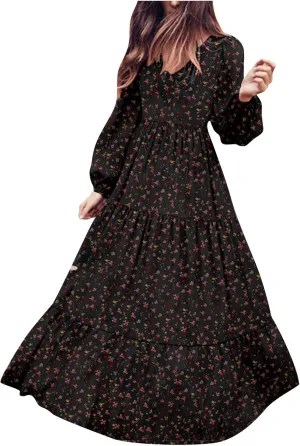 Womens Long Sleeve Boho Dresses V Neck Ditsy Floral Print Ruffle Tiered Maxi Dress Tie Waist Chiffon Flowy Swing Dress