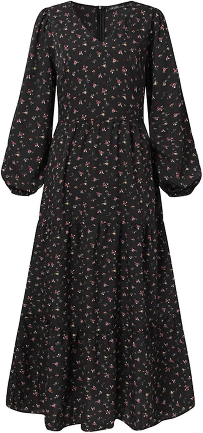 Womens Long Sleeve Boho Dresses V Neck Ditsy Floral Print Ruffle Tiered Maxi Dress Tie Waist Chiffon Flowy Swing Dress
