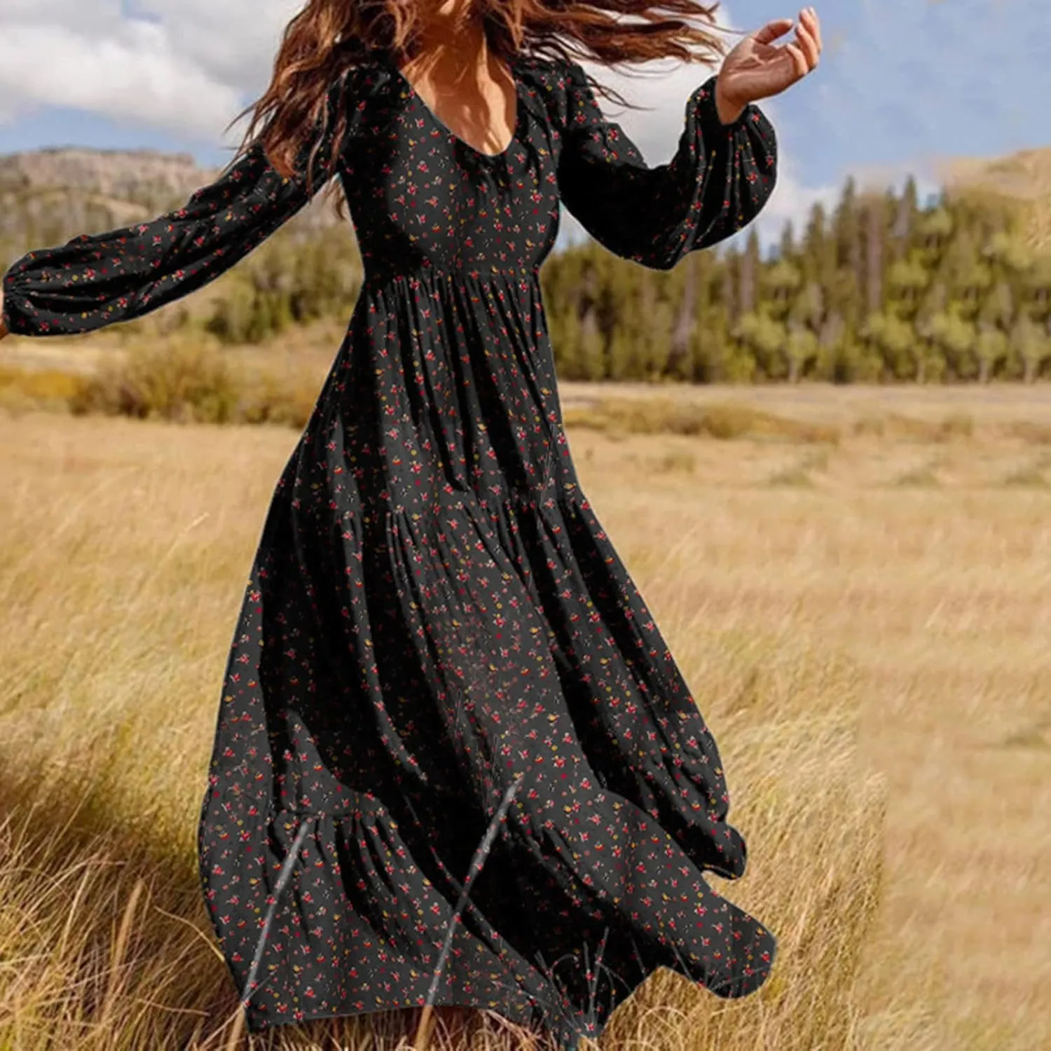 Womens Long Sleeve Boho Dresses V Neck Ditsy Floral Print Ruffle Tiered Maxi Dress Tie Waist Chiffon Flowy Swing Dress