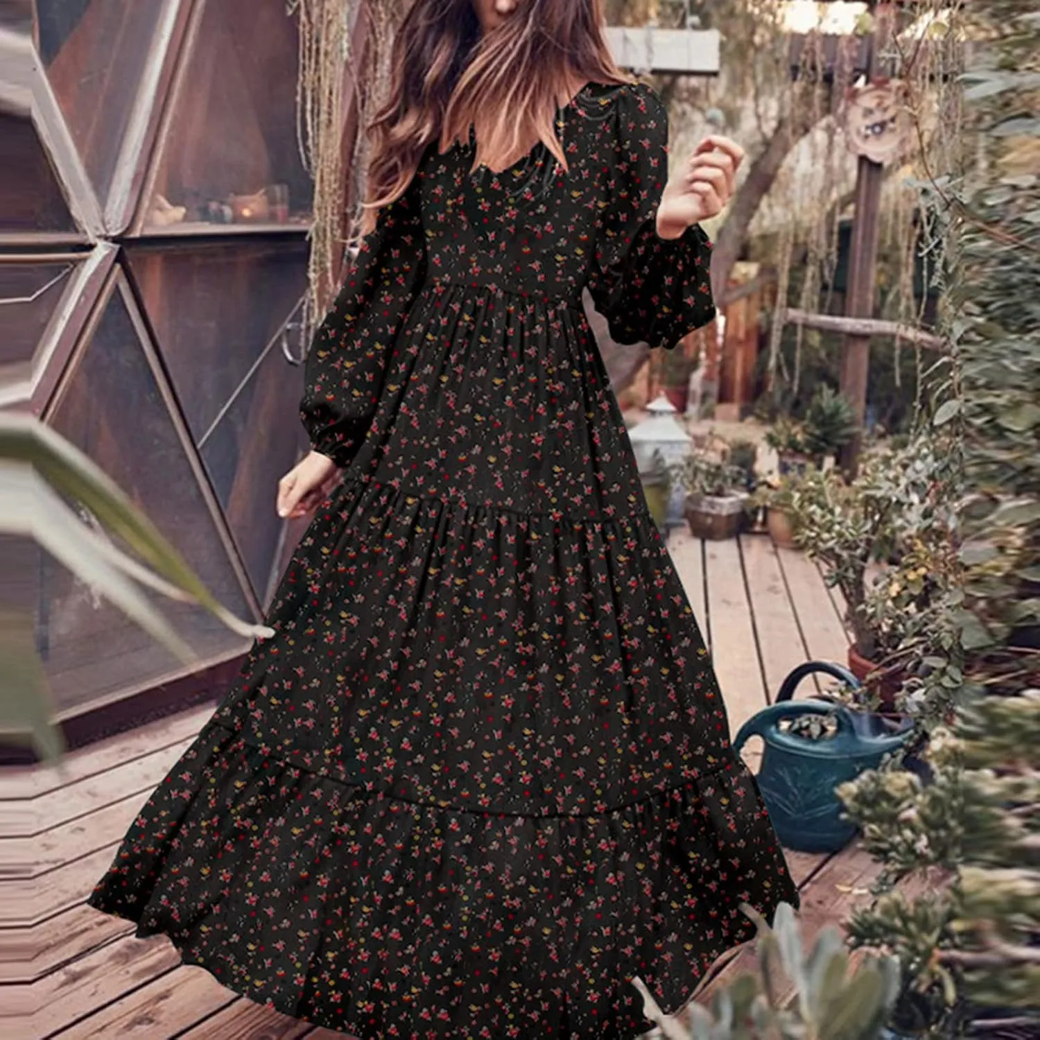 Womens Long Sleeve Boho Dresses V Neck Ditsy Floral Print Ruffle Tiered Maxi Dress Tie Waist Chiffon Flowy Swing Dress