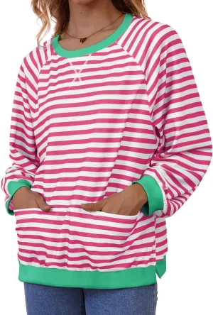 Womens Long Sleeve Oversized Sweatshirt Striped Crewneck Casual Loose Pullover Tops with Pockets