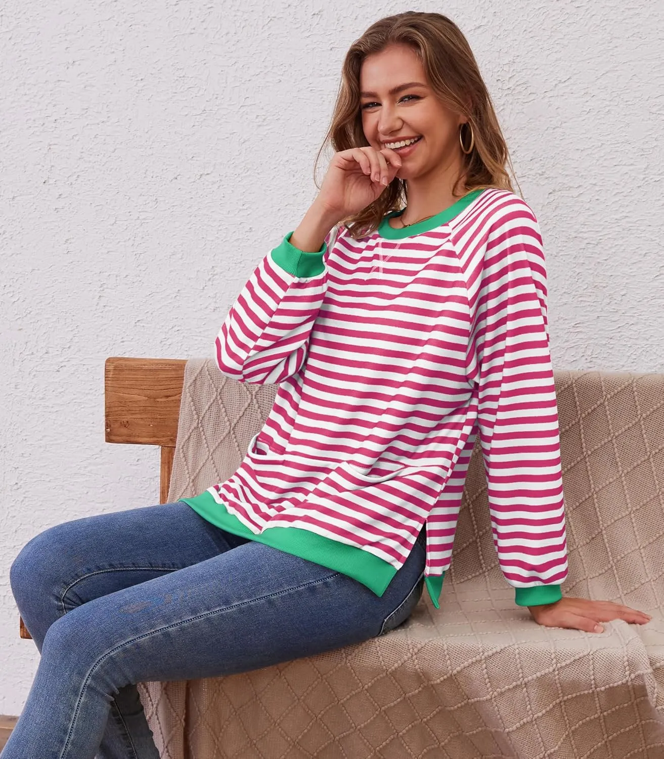 Womens Long Sleeve Oversized Sweatshirt Striped Crewneck Casual Loose Pullover Tops with Pockets